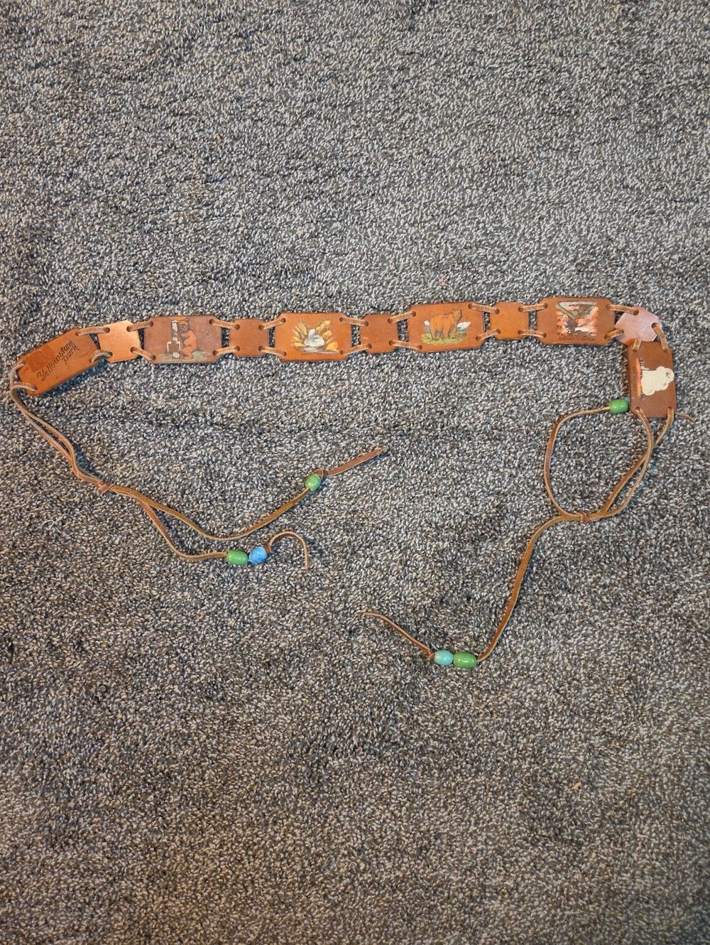 Vintage 60s Yellow Stone Park Brown Leather Beaded Women’s Belt